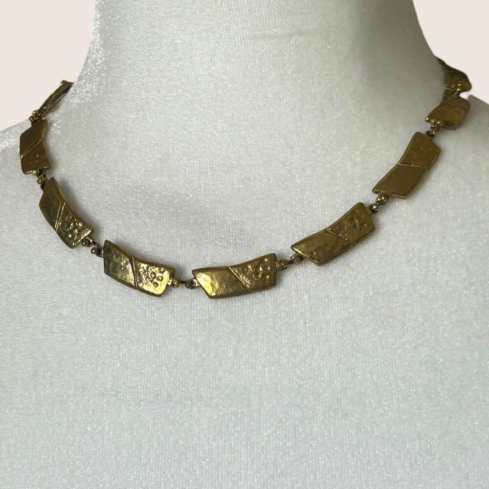 🌟 VTG ANNE DICK BRUTALIST HAMMERED U BALL BRONZE COLLAR SIGNED NECKLACE 18" - Picture 2 of 5